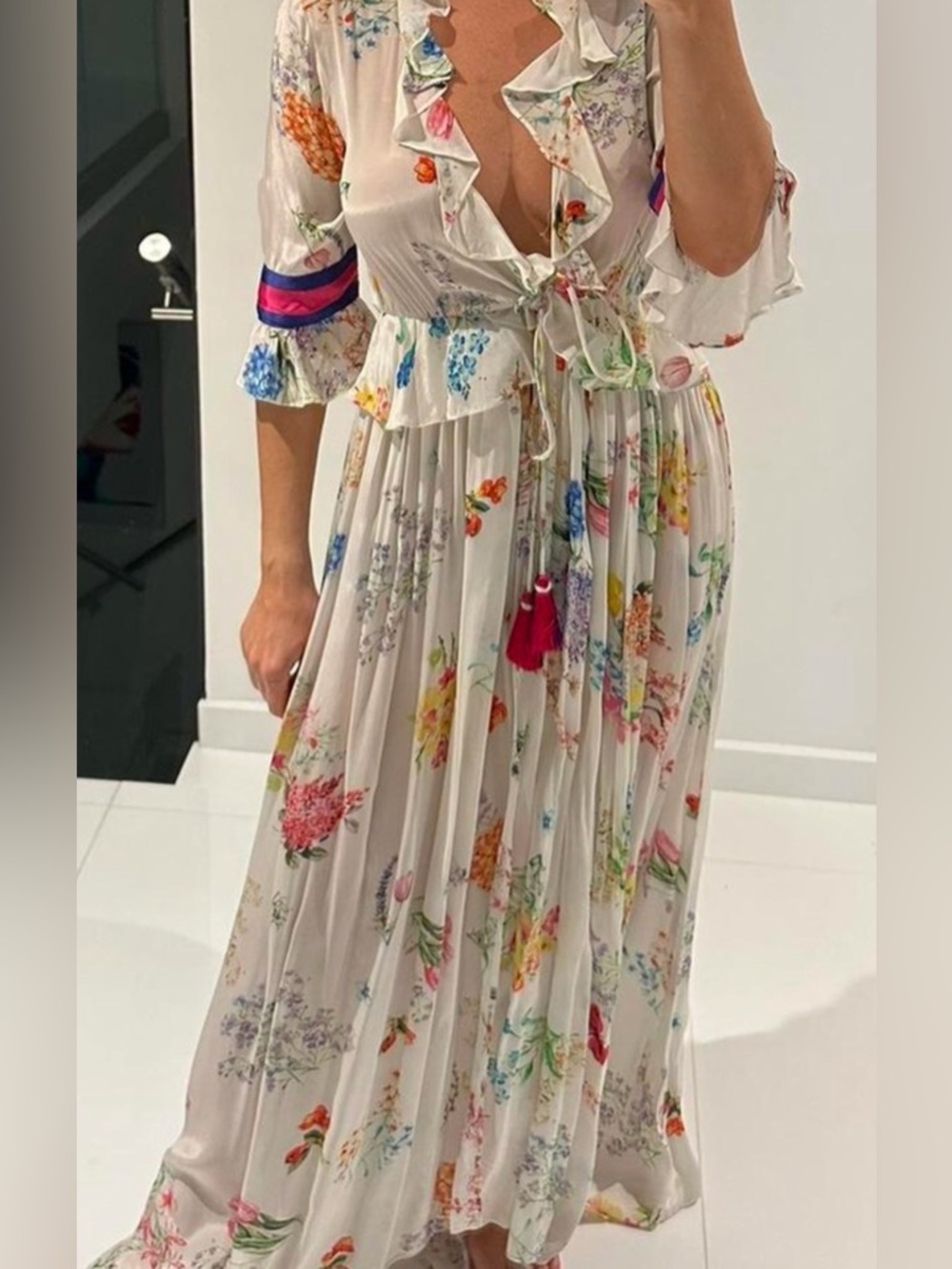 Rococo Sand Ivory Floral Ruffle Tie-Front Maxi Dress